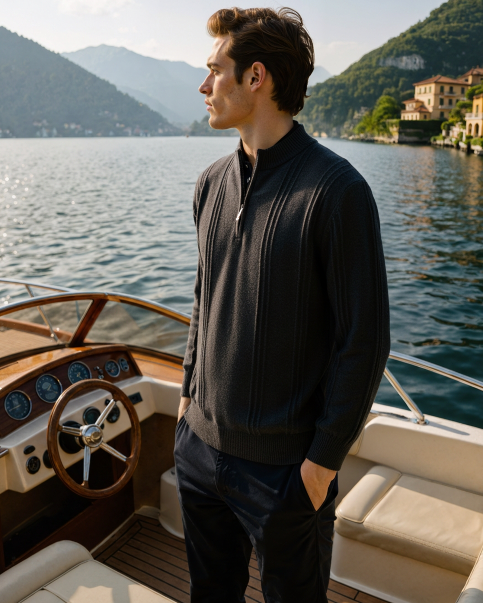 Mezzo zip in 100% cashmere a costine