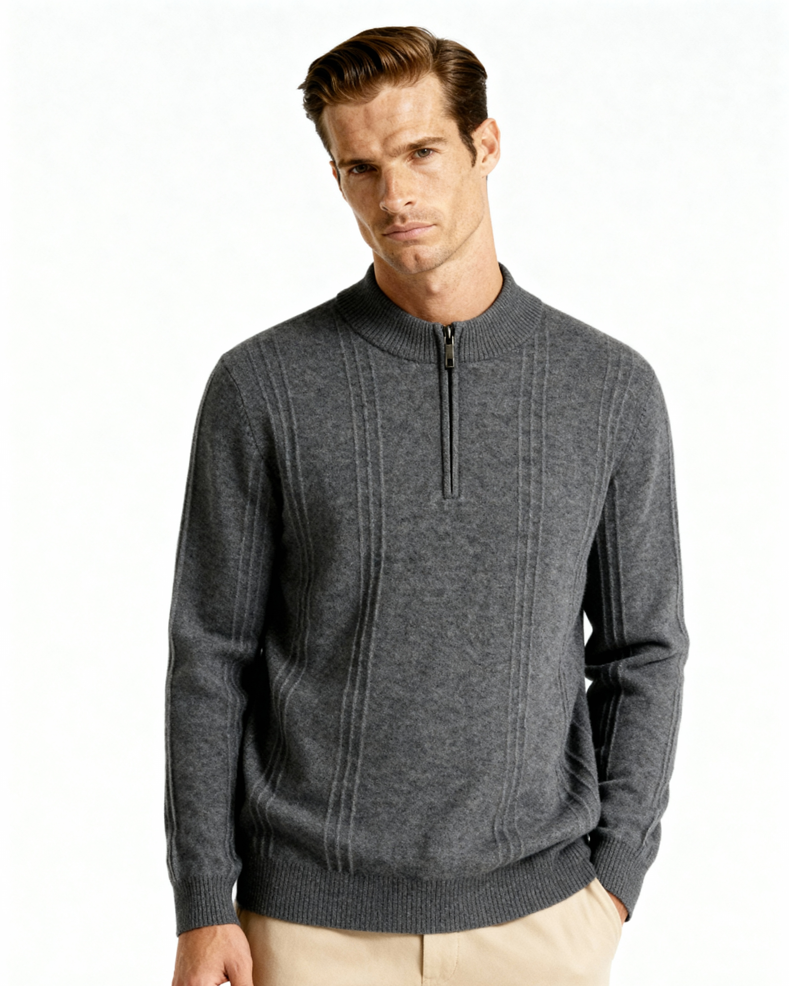 Mezzo zip in 100% cashmere a costine