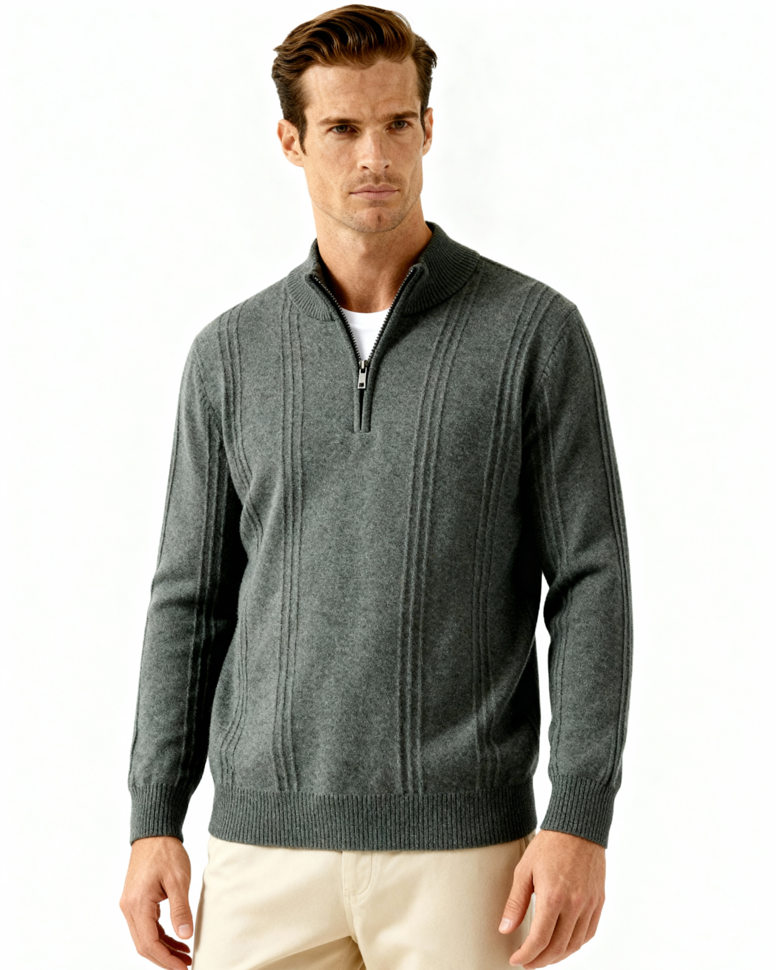 Mezzo zip in 100% cashmere a costine