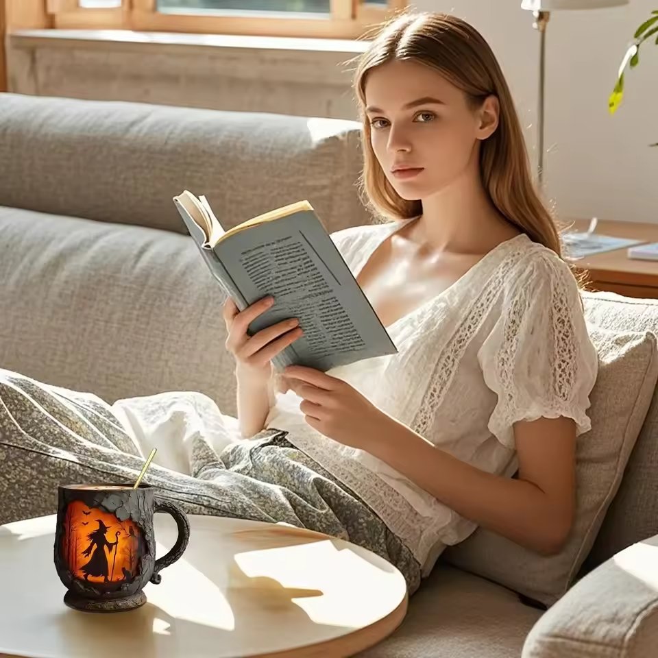 Artisan 3D Halloween Mug – Featuring Witch and Cat Design