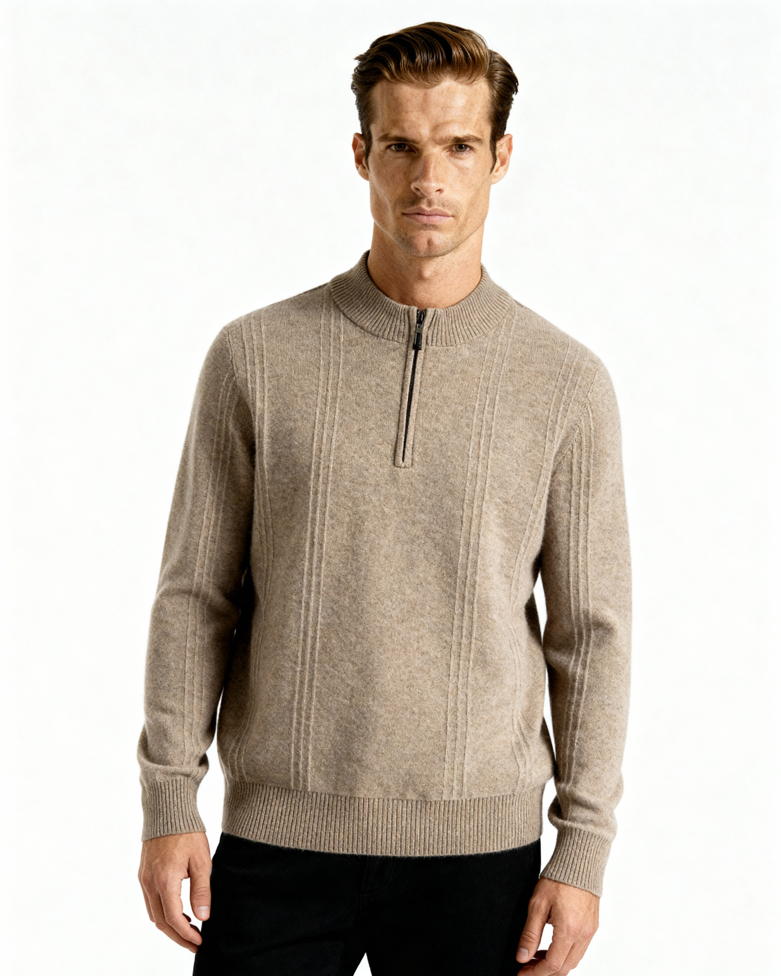 Mezzo zip in 100% cashmere a costine