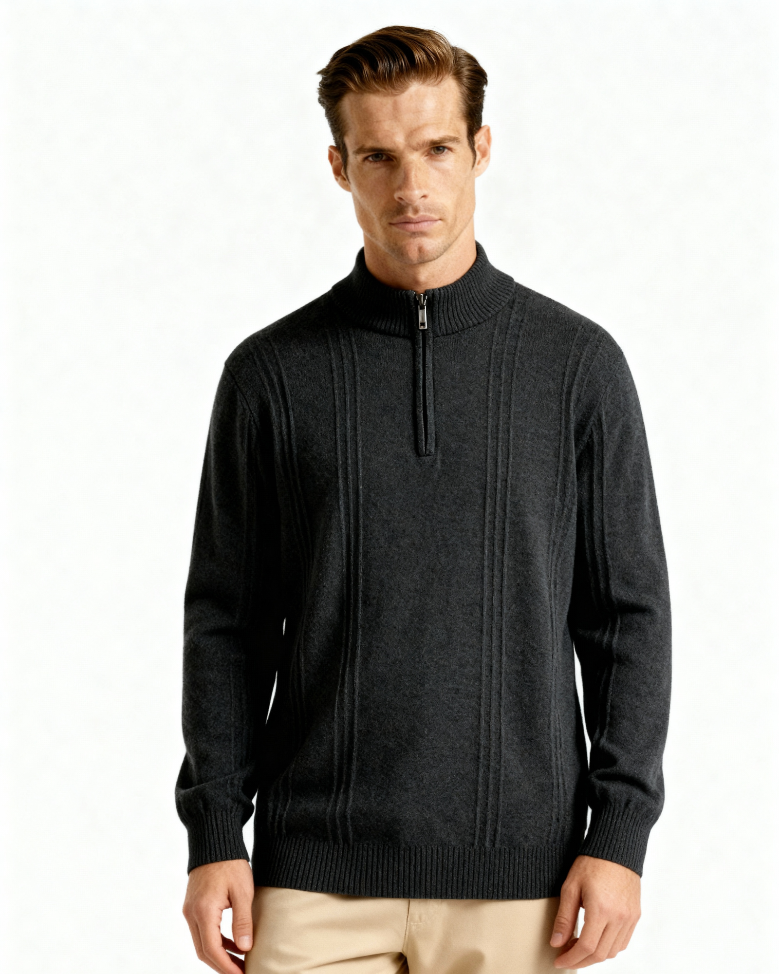 Mezzo zip in 100% cashmere a costine